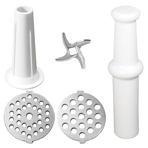 Set of stainless steel grinder blades with coarse and fine plates plus white plastic sausage stuffer tube and pusher under $100