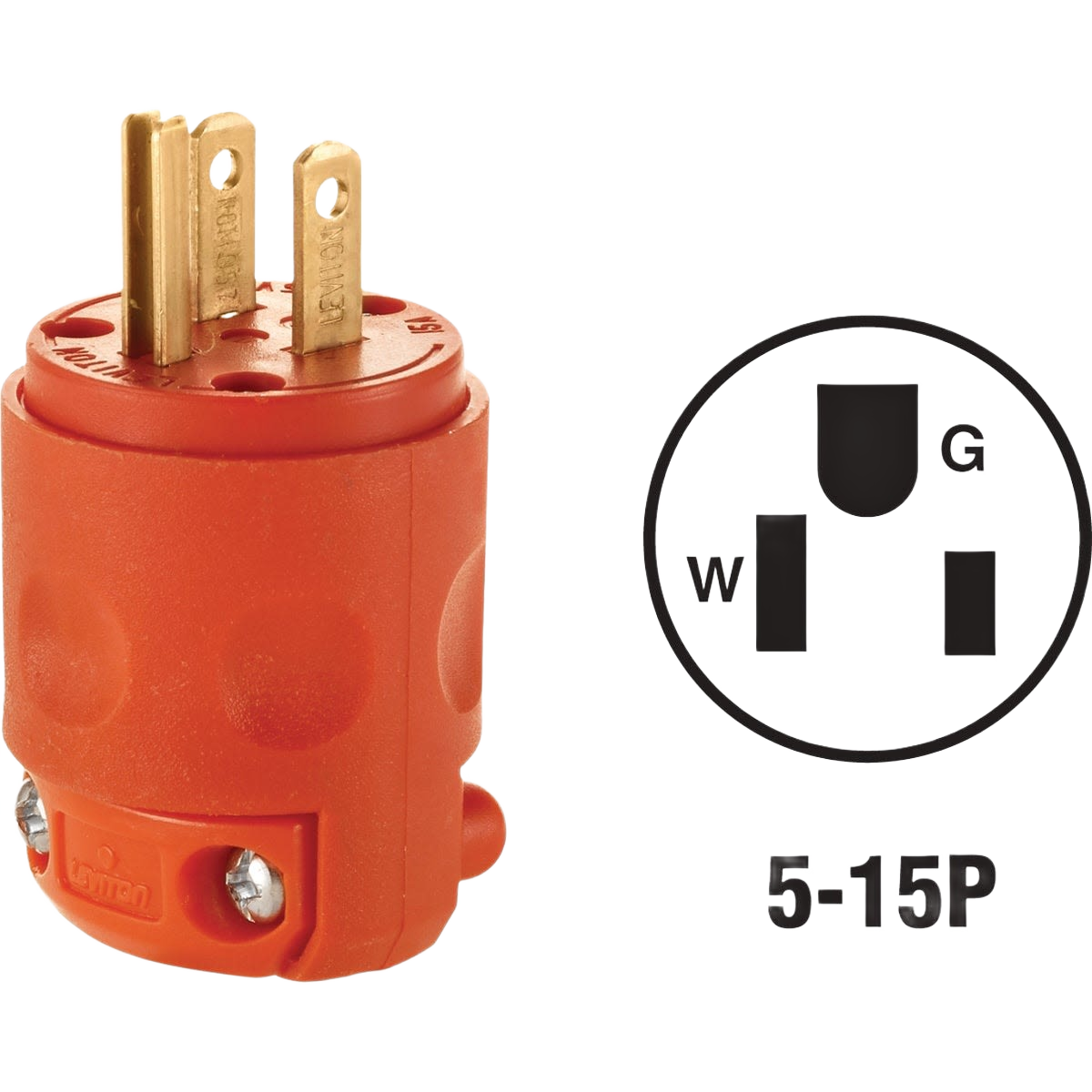 Orange PVC residential cord plug with brass prongs and wiring diagram for electrical home improvement projects