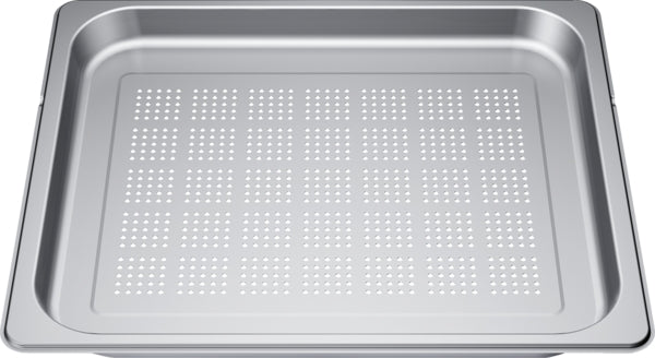 Rectangular stainless steel pan insert with perforations for double steam wall ovens in kitchen appliances collection