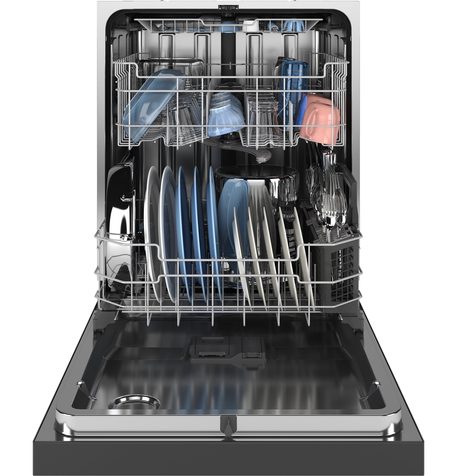 Open front control dishwasher with stainless steel interior loaded with dishes and utensils in kitchen appliances collection