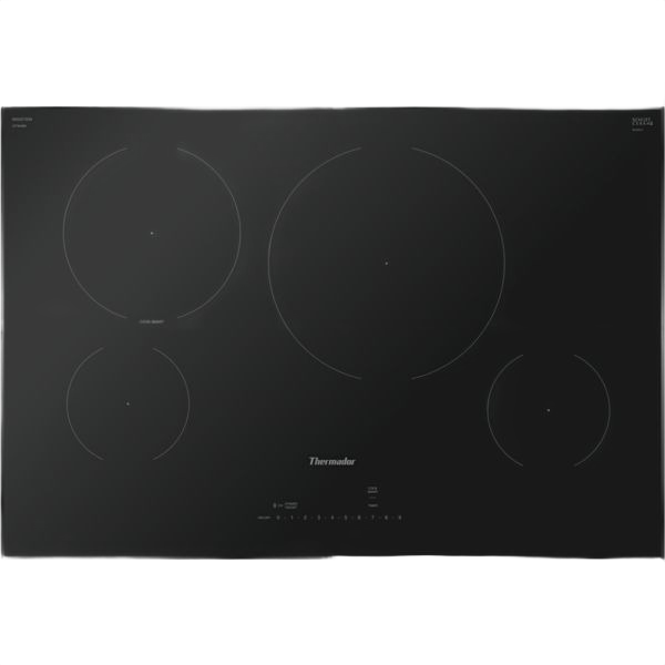 Thermador induction cooktop with four cooking elements, smooth black surface, and touch control panel, designed for modern kitchens and appliances collections.