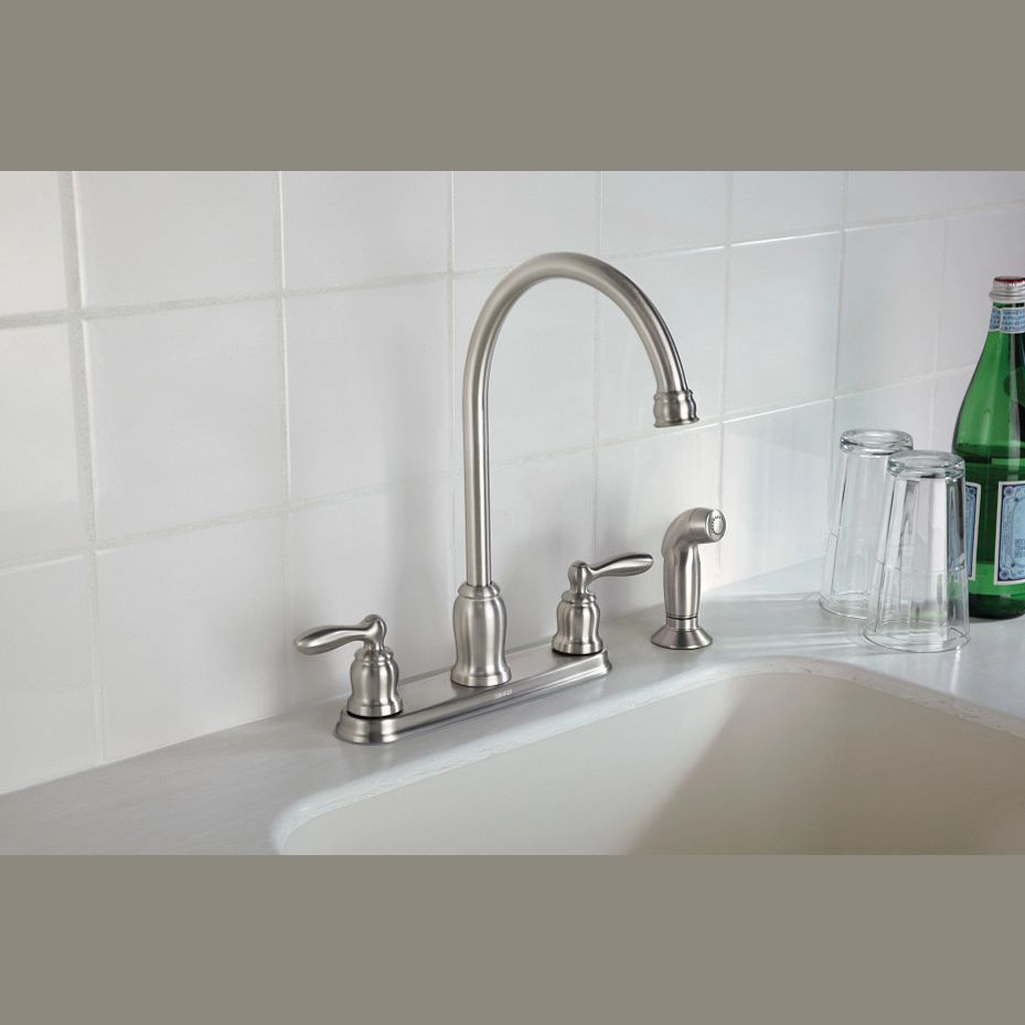 Two-handle high arc stainless kitchen faucet with side spray for modern kitchen and home improvement projects