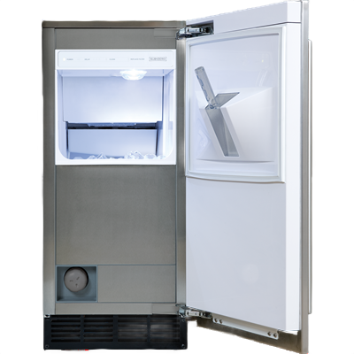 Stainless steel ice maker with pump showing open door and ice production area illuminated inside