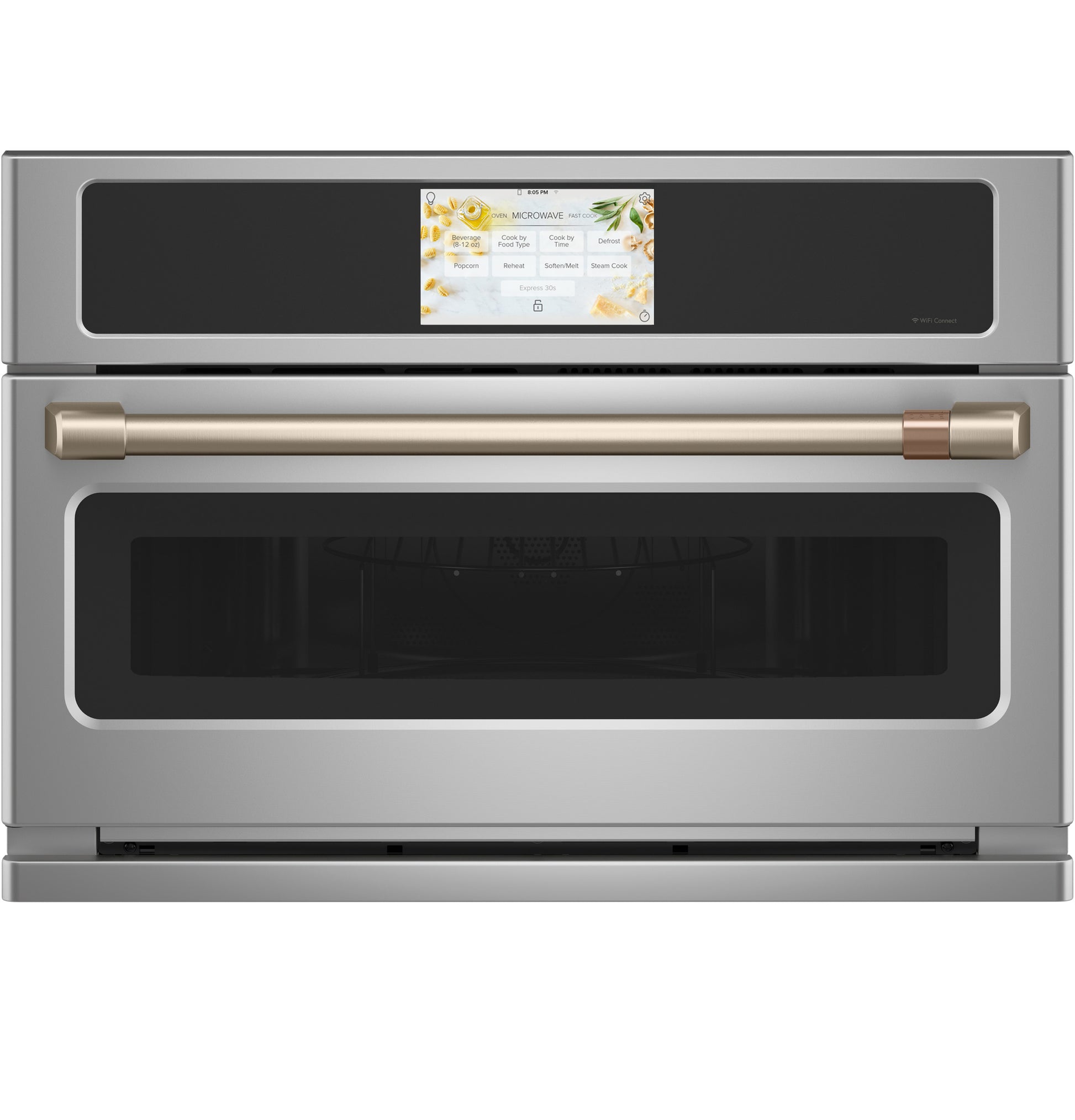 Built-in microwave and convection oven in stainless steel with touch screen control panel in modern kitchen appliances