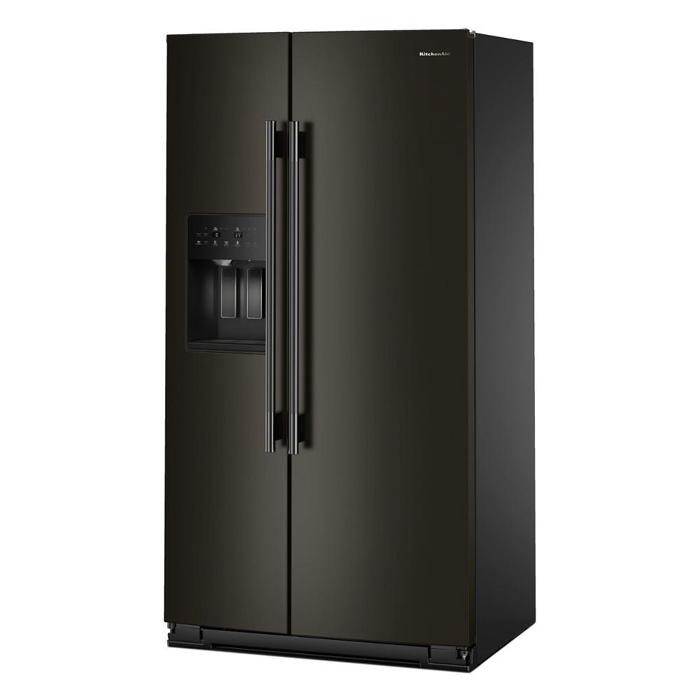 Counter-depth side-by-side refrigerator in Black Ore finish featuring an exterior ice and water dispenser, part of KitchenAid Appliances collections.