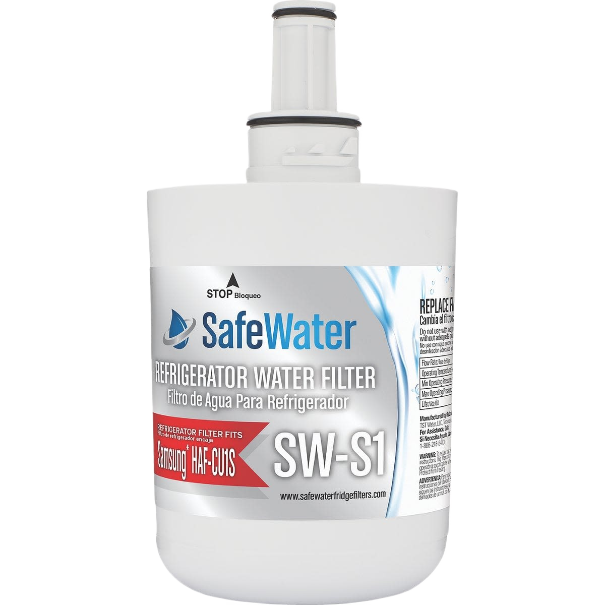 White SafeWater refrigerator water filter cartridge with blue logo and model SW-S1 for home improvement use