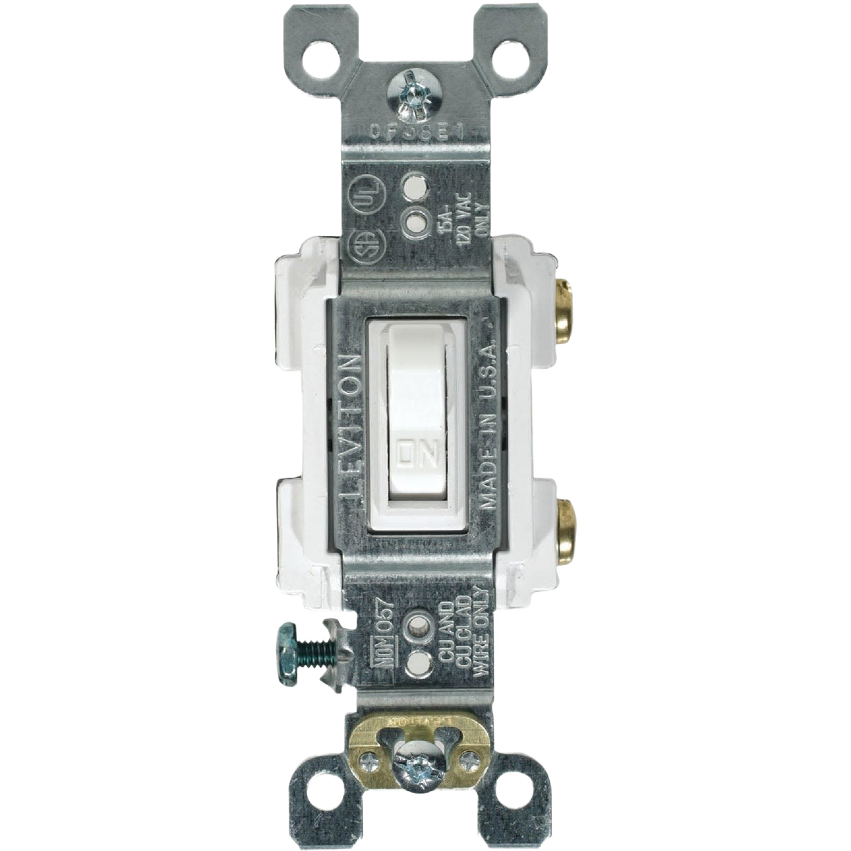 White toggle light switch with metal mounting frame for residential electrical wiring and home improvement projects