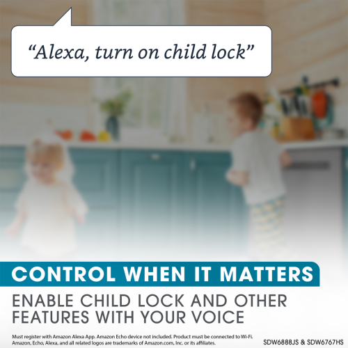 Kitchen scene with two children near dishwasher highlighting voice-activated child lock feature for smart home control