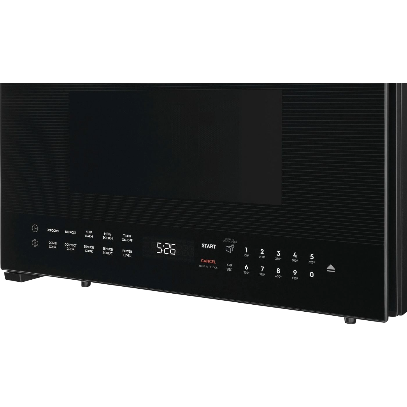 Black built-in side swing microwave oven with digital glass touch controls and Electrolux pinstripe design from kitchen appliances collection