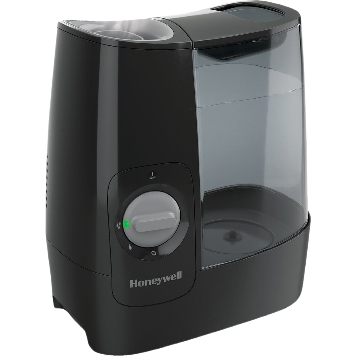 Compact black and gray warm moisture humidifier with visible water tank and adjustable control knob for home use