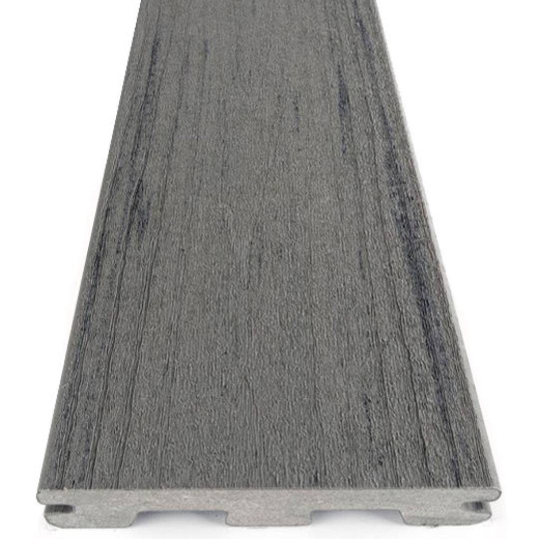 Gray grooved composite deck board with textured wood grain pattern for outdoor deck and home improvement projects