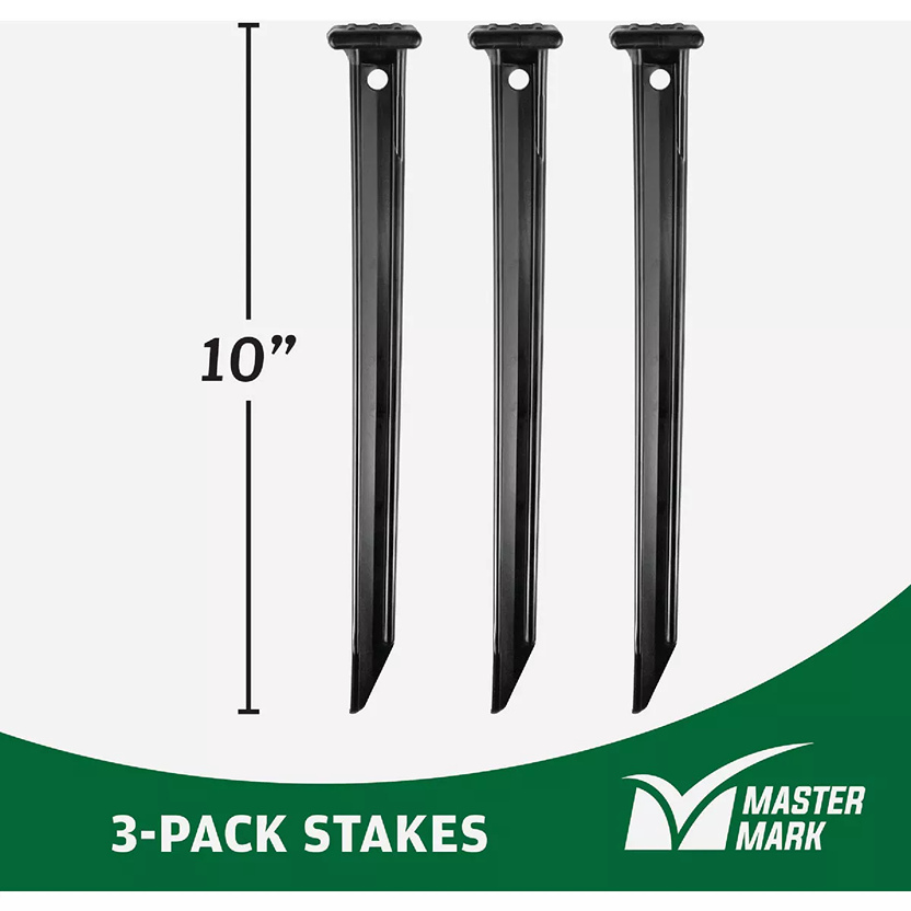 Three black 10-inch HDPE edging stakes with hole near top for home improvement and landscaping use