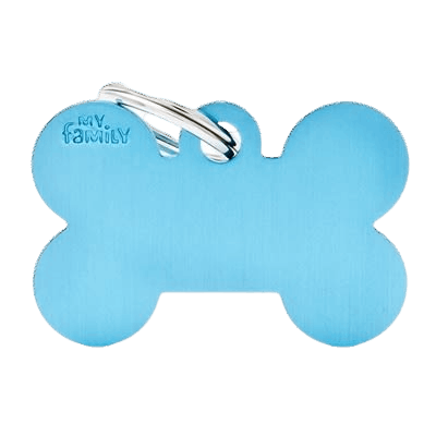 Light blue large bone-shaped pet ID tag with metal ring for attaching collar identification