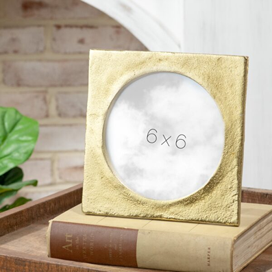 Square gold metal photo frame with textured finish, suitable for home decor and display of 6x6 inch pictures