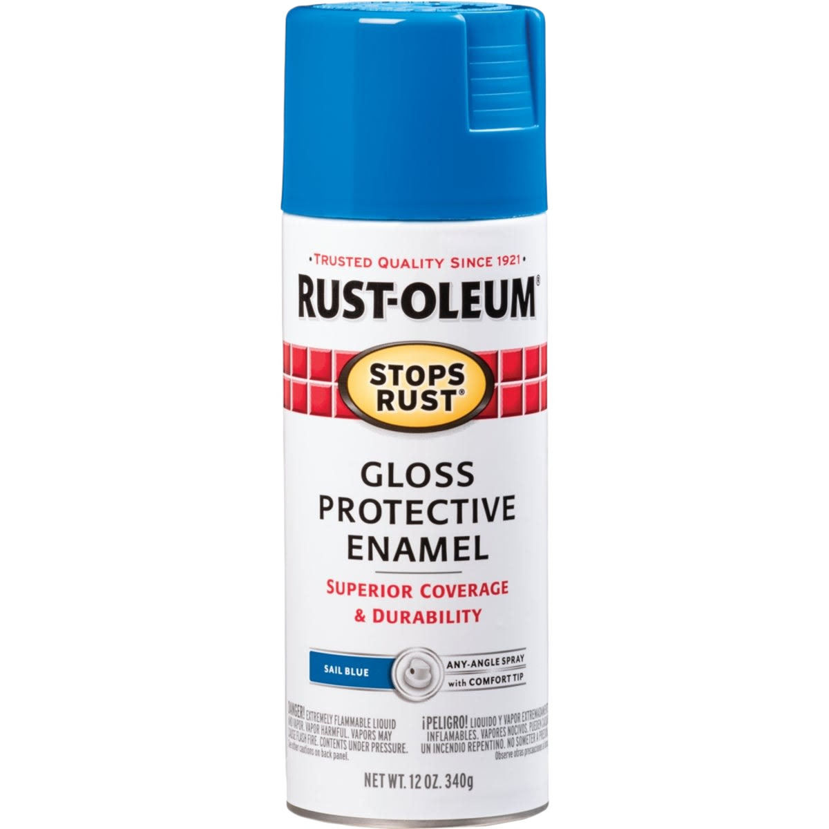 Can of blue gloss protective enamel spray paint for home improvement and rust prevention projects