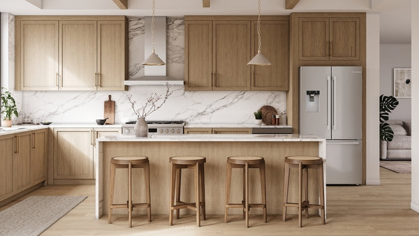 Modern kitchen with wooden cabinetry, marble backsplash, and a stainless steel French door refrigerator from Bosch appliances collection