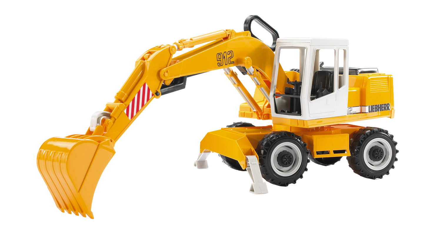 Yellow and white Bruder toy excavator with rotating cab and functional shovel arm from Vehicles & Remote Controlled Toys collection