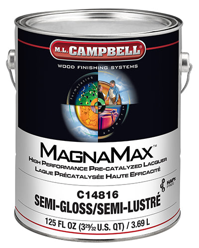 Gallon container of M.L. Campbell semi-gloss pre-catalyzed lacquer for wood finishing in paint and supplies collection