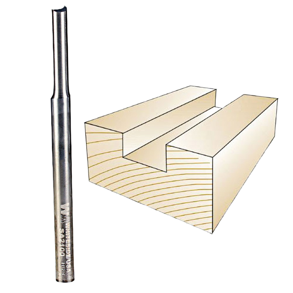 Carbide straight router bit next to wooden board with an O-flute groove, tool accessories for home improvement.