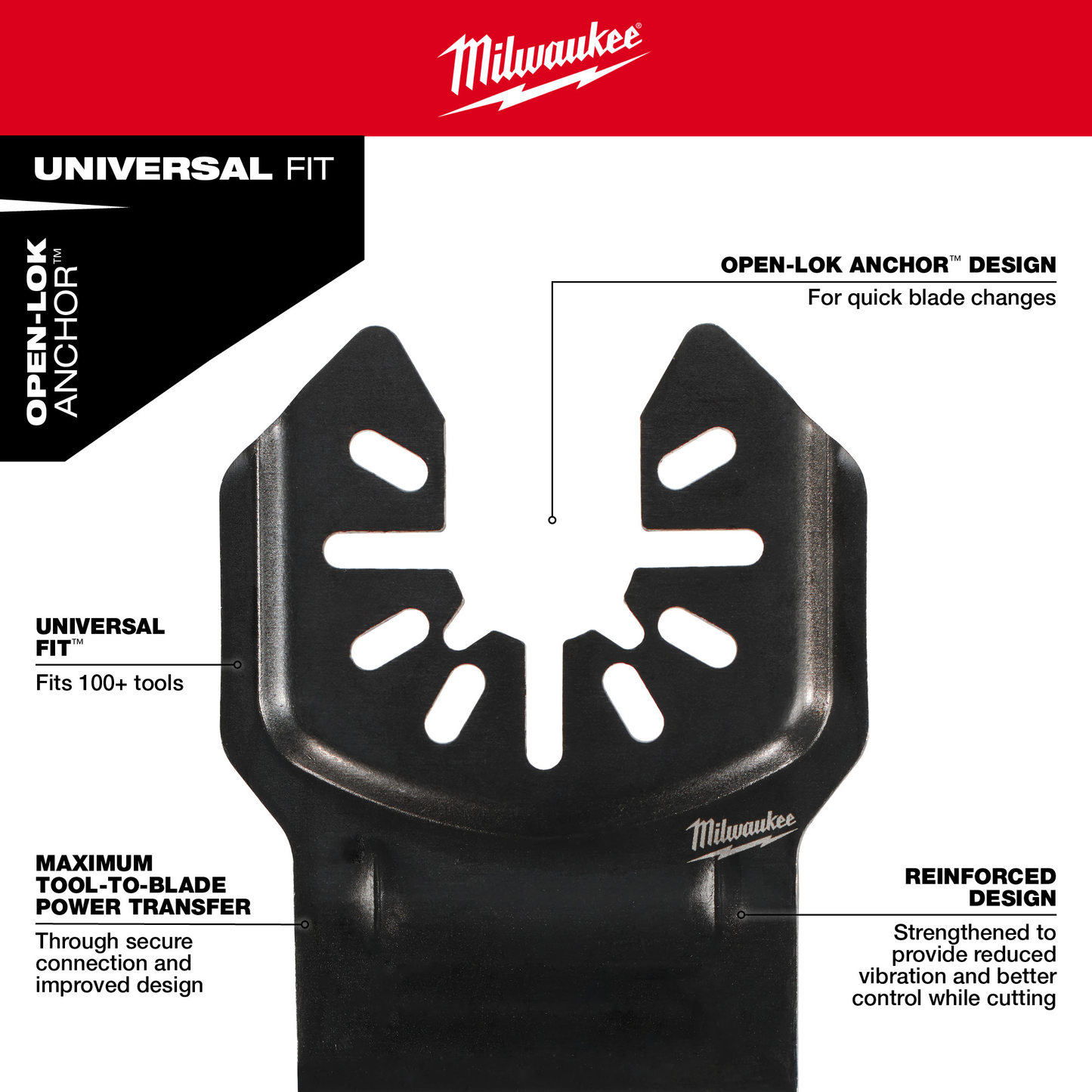Black Milwaukee titanium enhanced bi-metal blade with universal fit for oscillating multi-tools in tool accessory collection