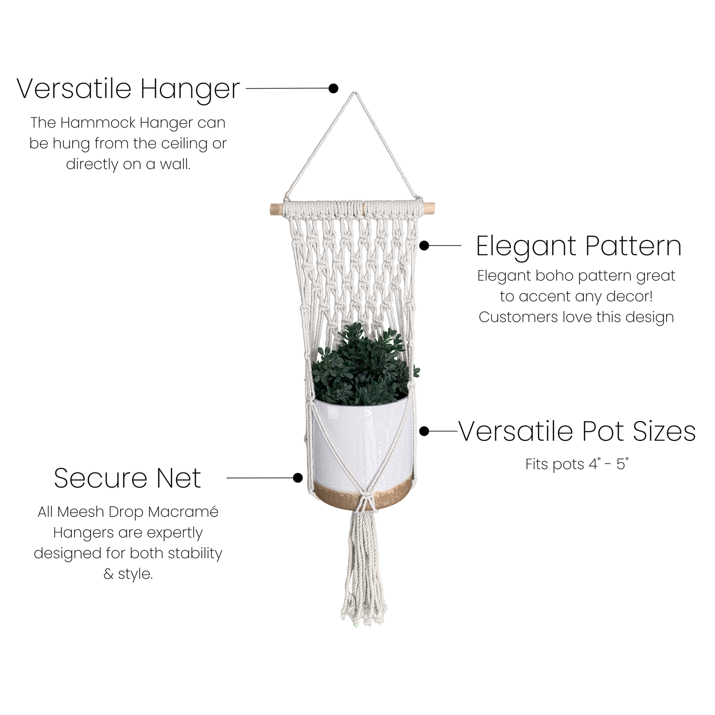 Natural cotton macrame plant hanger with wooden rod and secure net holding a small potted plant for home decor