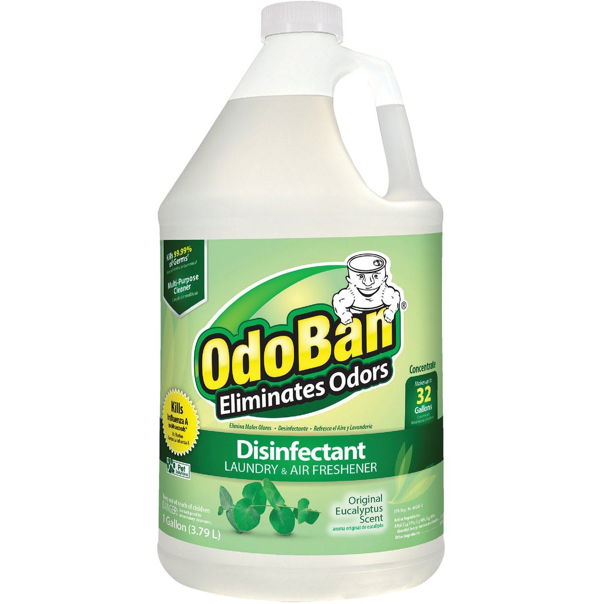 Large gallon container of eucalyptus-scented surface sanitizer and deodorizer for cleaning and household use