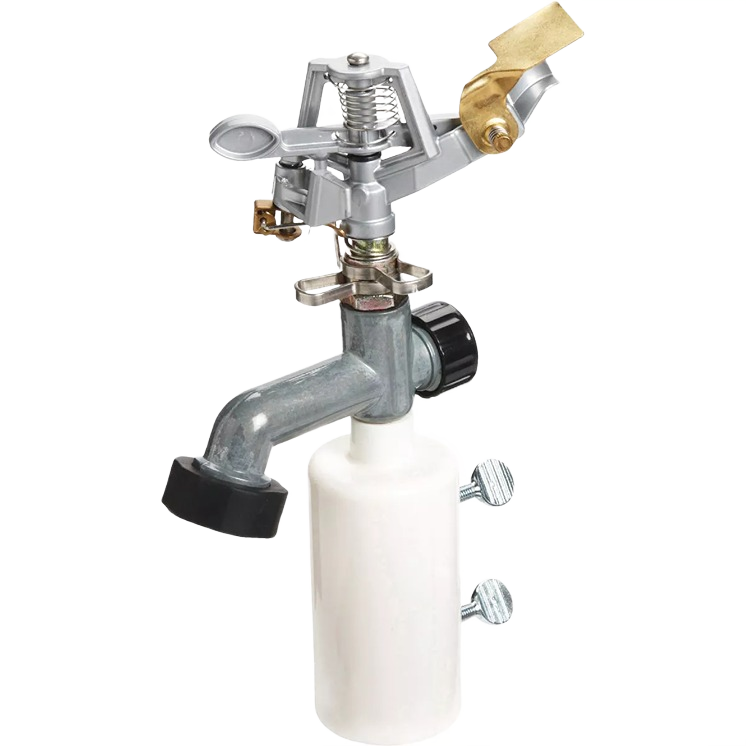 Metal sprinkler head with brass lever and white plastic water flow control for watering and irrigation tools collections