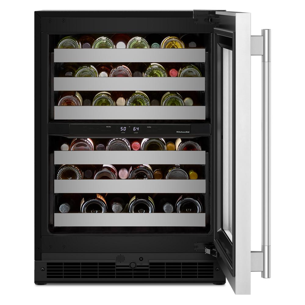 Undercounter wine cellar with stainless steel metal-front racks and digital temperature display in KitchenAid appliances collection