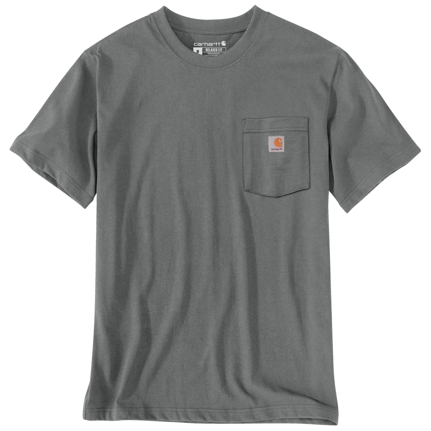 Heather gray relaxed fit cotton-polyester t-shirt with rib-knit crewneck and a chest pocket featuring a small square Carhartt logo patch from the new collection.