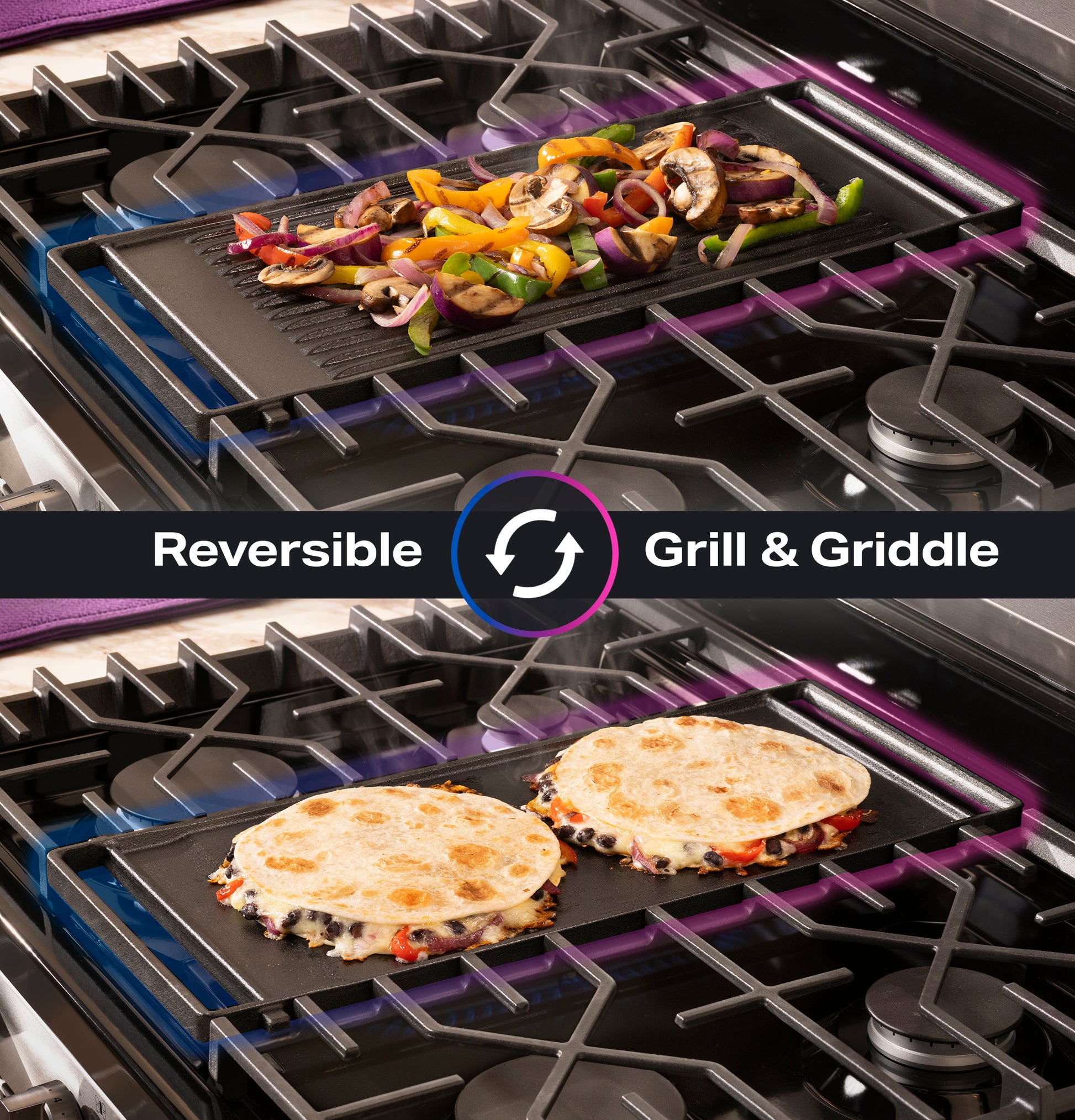 Reversible grill and griddle cooking surface on a gas range preparing vegetables and quesadillas in kitchen appliances