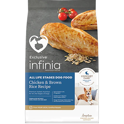 Bag of exclusive Infinia dry dog food with chicken and brown rice recipe for all life stages in pet food collection