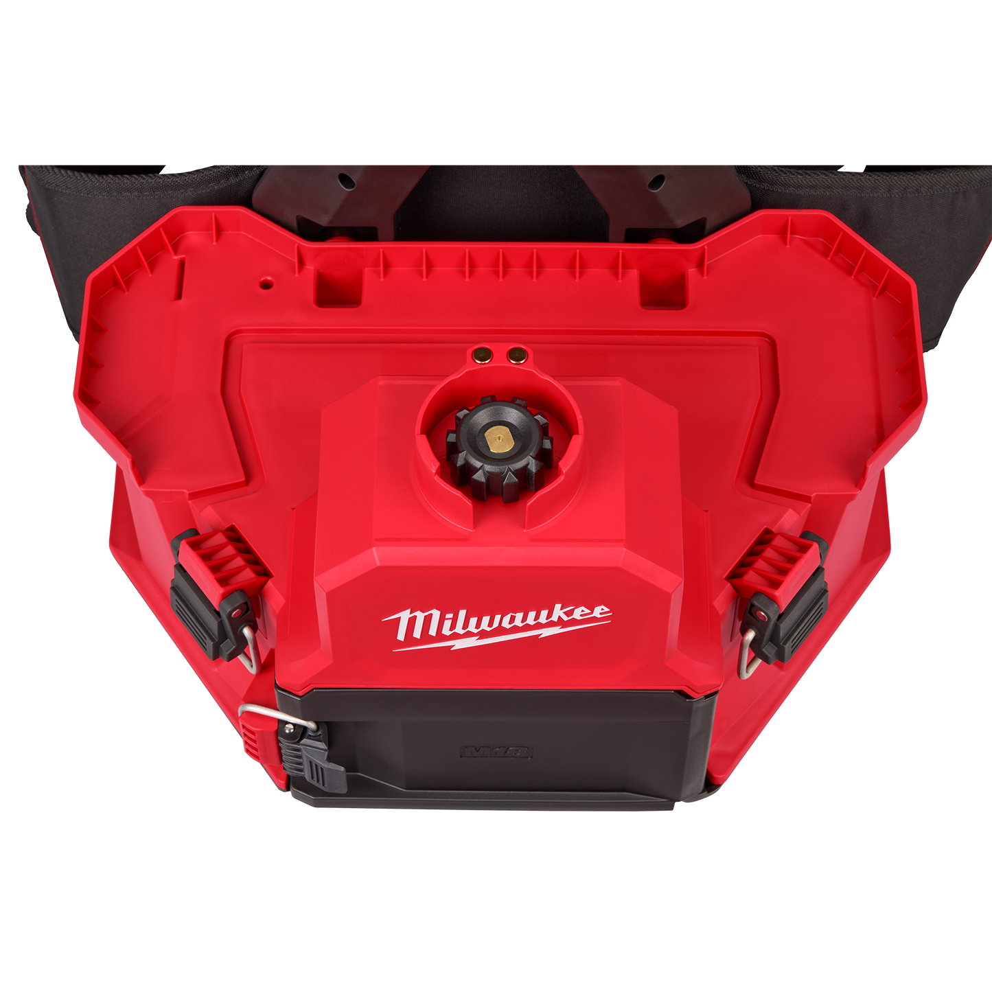 Red and black 4-gallon backpack sprayer top view with secure latches and wide fill opening for easy refills