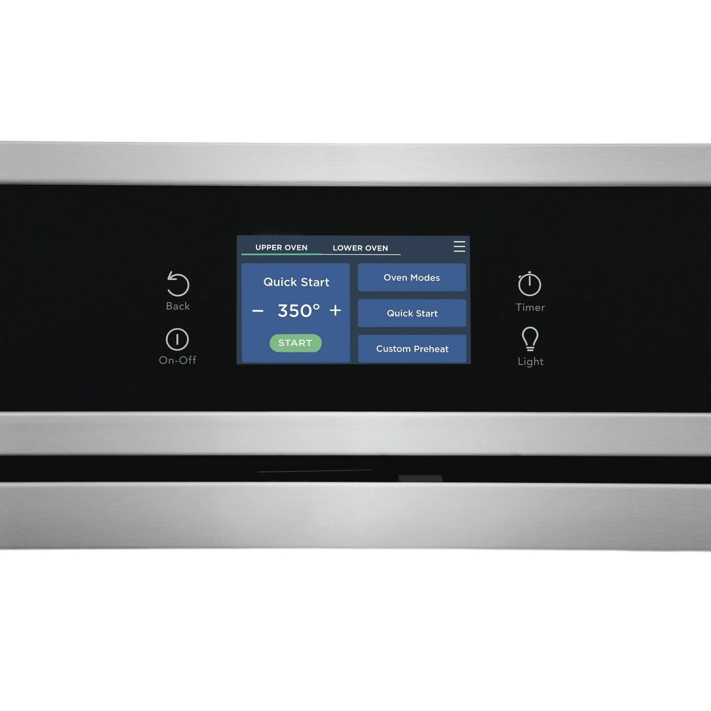 Touchscreen control panel of a double electric wall oven displaying cooking options for kitchen and home improvement use.