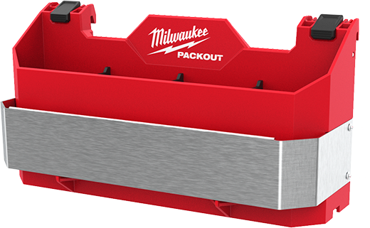 Red and silver tool box caddy attachment with slots for organizing hand tools in workshop storage systems