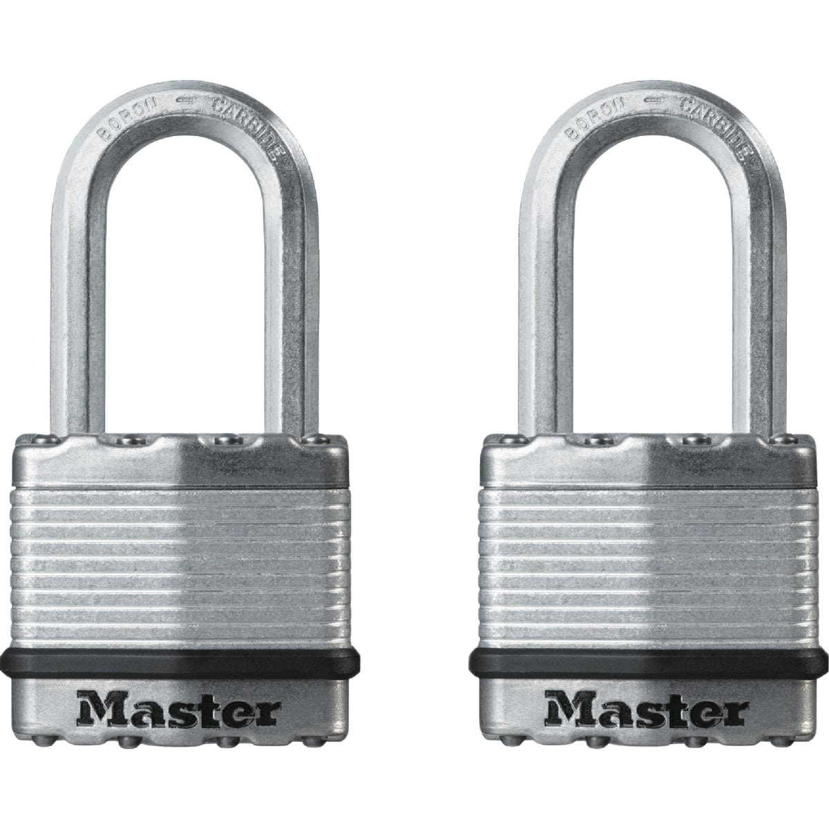 Two silver dual-armor laminated steel padlocks with long shackles for secure fastening in hardware and fasteners collection