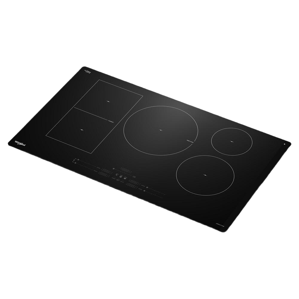 36-inch black induction cooktop with four cooking zones and touch controls in kitchen appliances collection