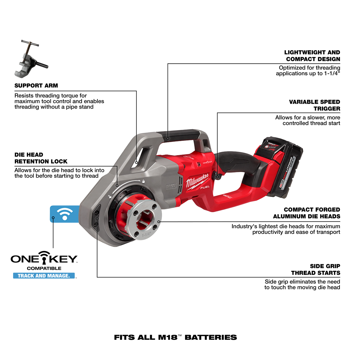 Milwaukee M18 FUEL™ Compact Pipe Threader w/ ONE-KEY™ w/ 1/2" - 1-1/4" Compact NPT Forged Aluminum Die Heads