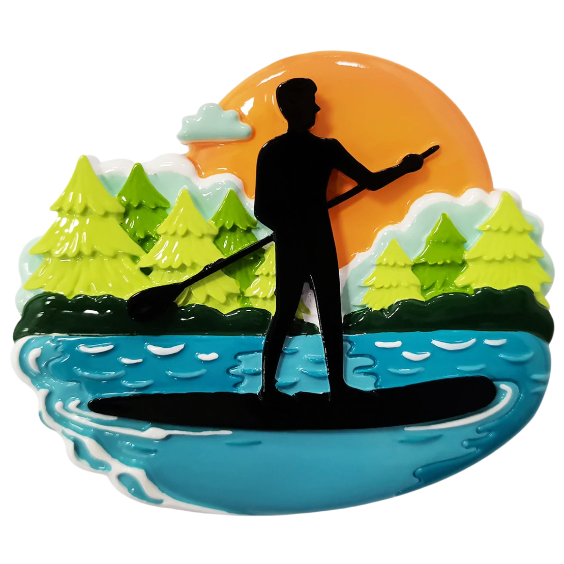 Silhouette of male paddle boarder on water with pine trees and orange sunset for Christmas Ornaments collection