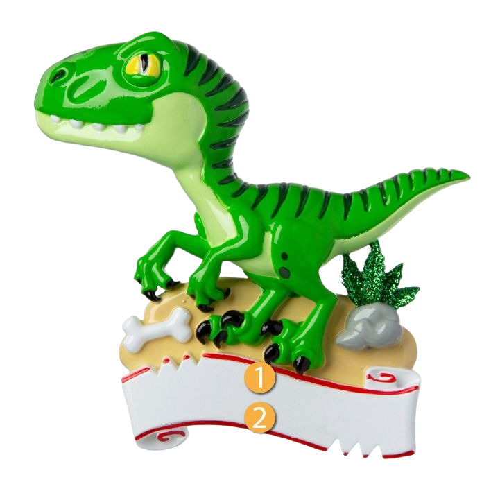 Green dinosaur figurine with bone and plants on blank scroll from Christmas Ornaments & Tree Decorations collection under $50
