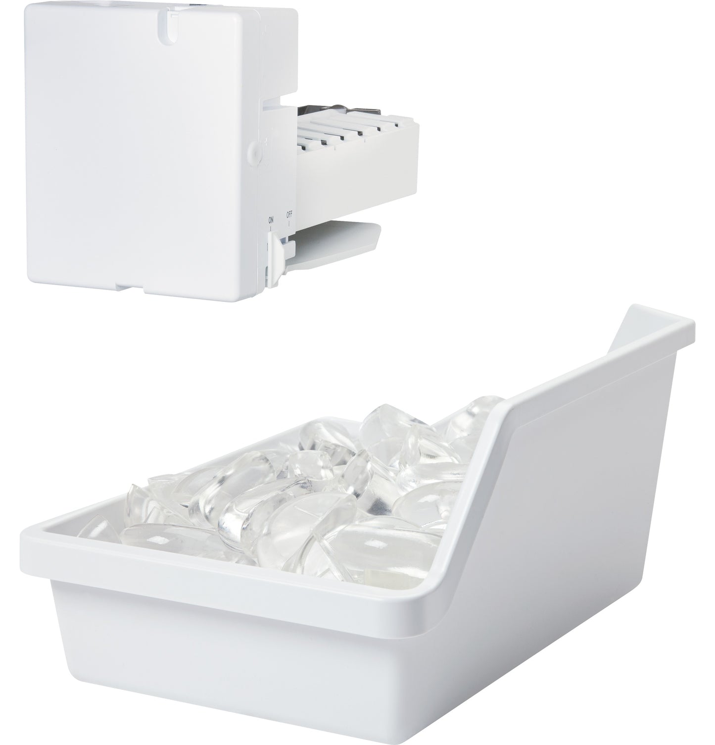 White automatic ice maker unit with ice bin filled with ice cubes for refrigerators and appliances collection