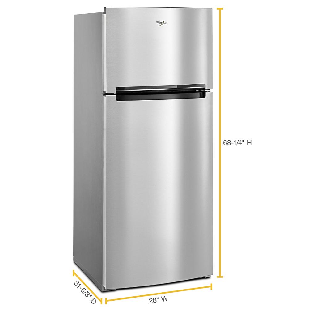 Whirlpool stainless steel top-freezer refrigerator with black handles and compact design from Refrigerators collection