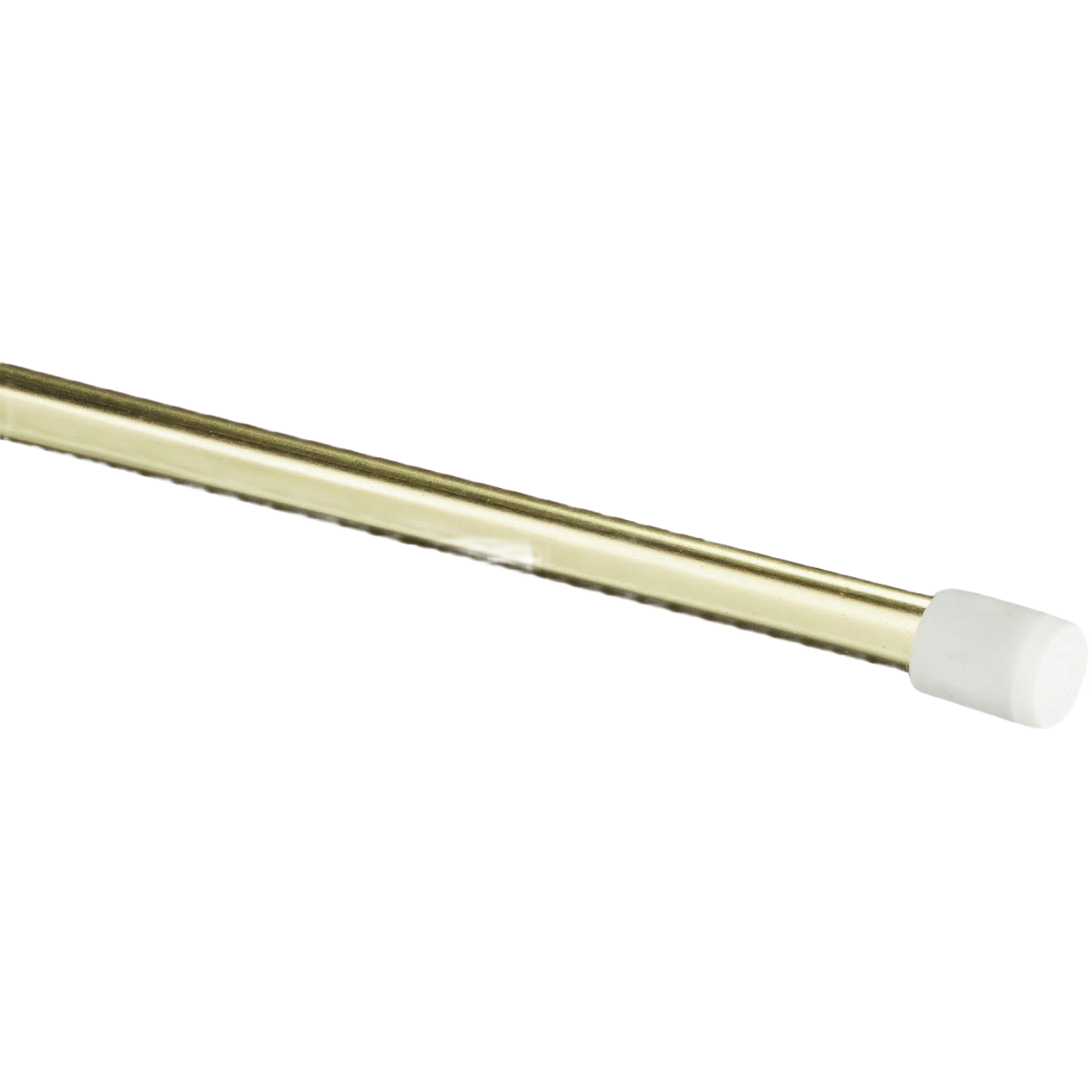 Adjustable brass tension rod with white rubber end caps for window or curtain hanging in home improvement tasks