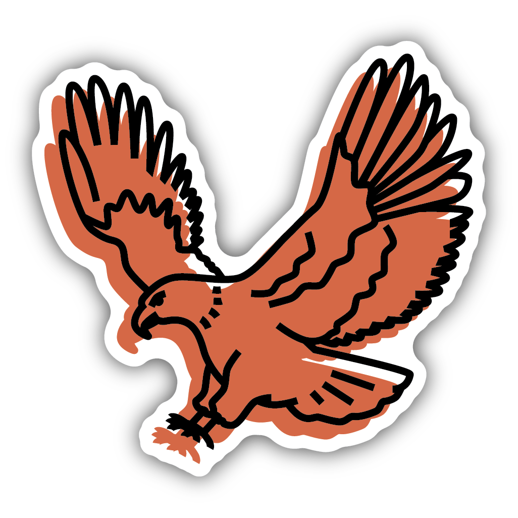 Eagle sticker in orange and black with detailed wing and tail feathers on a white outline background