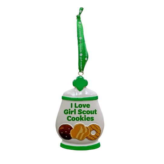 Personalized glass cookie jar ornament with green accents and Girl Scout-themed cookie illustrations and ribbon loop