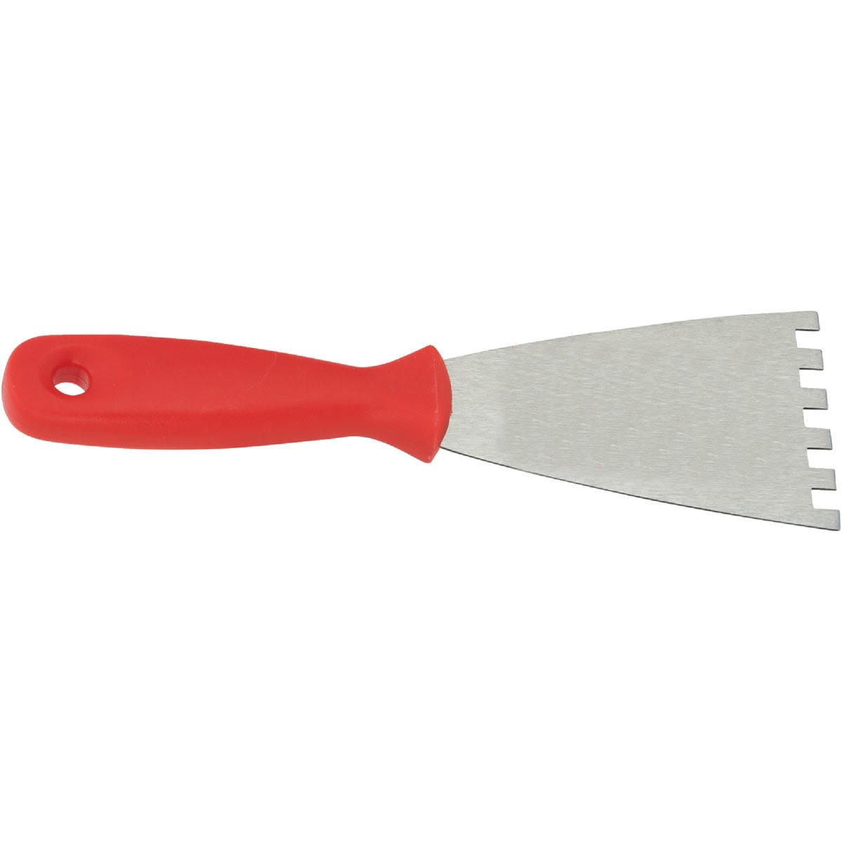 Metal adhesive spreader with square-notched blade and red handle for flooring tools and home improvement projects