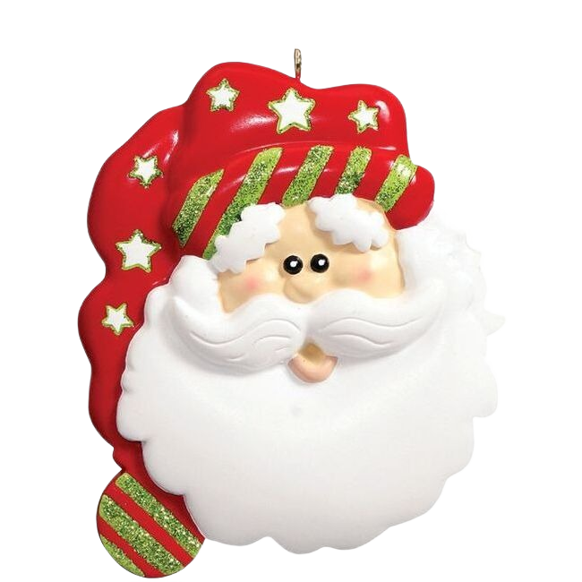 Santa face ornament wearing red hat with green glitter stars, festive Christmas tree decoration under 50 dollars
