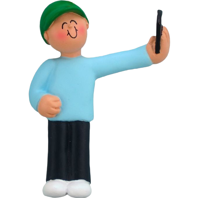 Male figurine in green hat taking selfie holiday ornament for Christmas tree decoration under $50 collection
