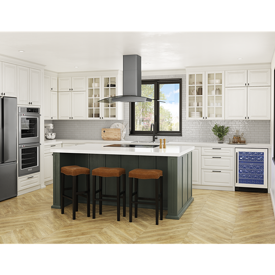 Modern kitchen with white cabinets, dark green island, three brown stools, and gray island range hood above cooktop