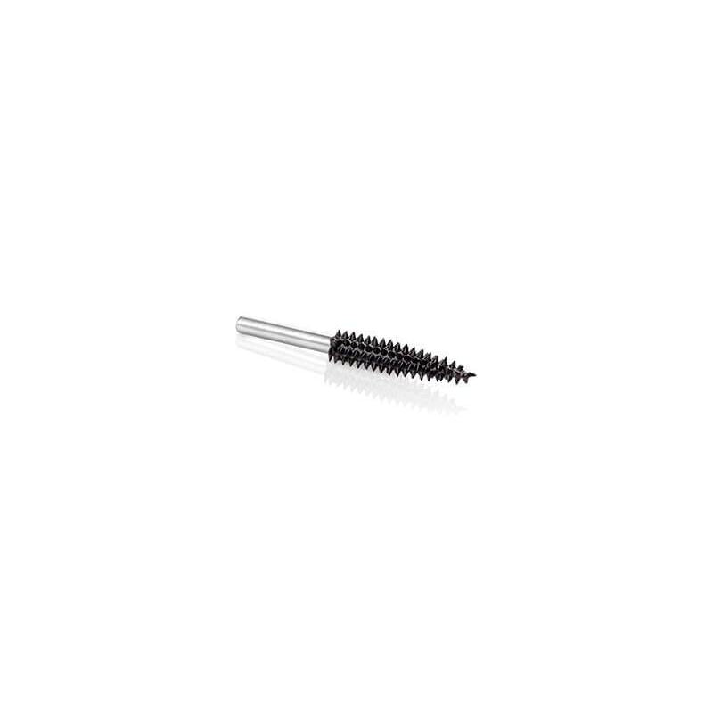 Small taper-shaped burr with coarse black cutting surface and silver shaft for woodworking and home improvement tools