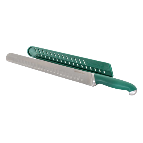 12-inch Big Green Egg slicing knife with green handle and matching protective sheath for grilling accessories use